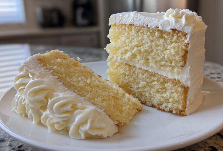 Two slices of moist vanilla cake recipe with thick white buttercream frosting on a white plate.