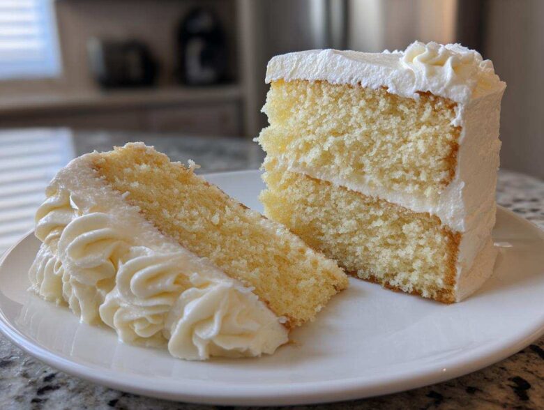 Two slices of moist vanilla cake recipe with thick white buttercream frosting on a white plate.