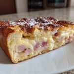 A thick slice of Monte Cristo breakfast casserole showing layers of bread, ham, and melted cheese, dusted with powdered sugar.