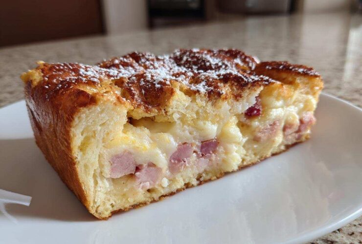 A thick slice of Monte Cristo breakfast casserole showing layers of bread, ham, and melted cheese, dusted with powdered sugar.