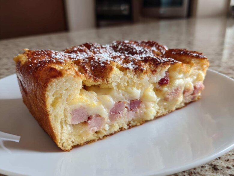 A thick slice of Monte Cristo breakfast casserole showing layers of bread, ham, and melted cheese, dusted with powdered sugar.