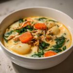 Close-up of a bowl of creamy Olive Garden Chicken Gnocchi Soup with shredded chicken, carrots, and spinach.