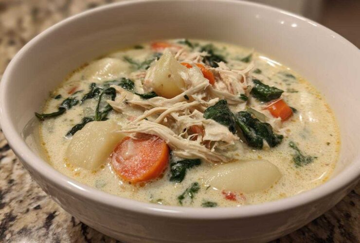 Close-up of a hearty bowl of Olive Garden Chicken Gnocchi Soup with shredded chicken, carrots, spinach, and gnocchi.
