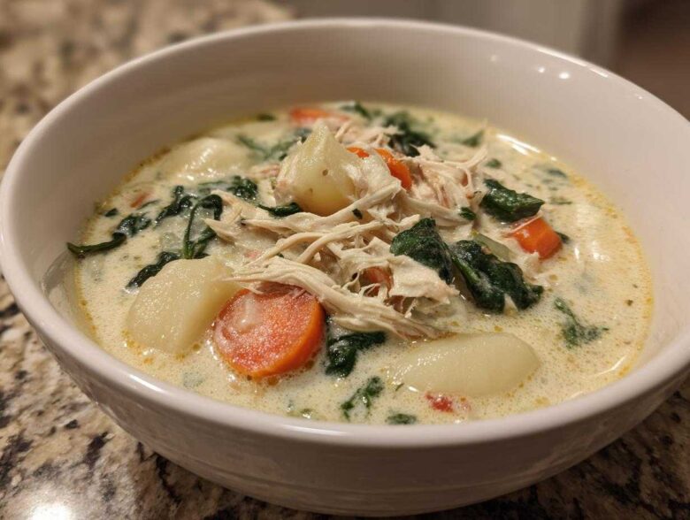 Close-up of a hearty bowl of Olive Garden Chicken Gnocchi Soup with shredded chicken, carrots, spinach, and gnocchi.