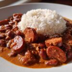 A close-up of rich, savory beans and rice served with slices of smoked sausage on a white plate.