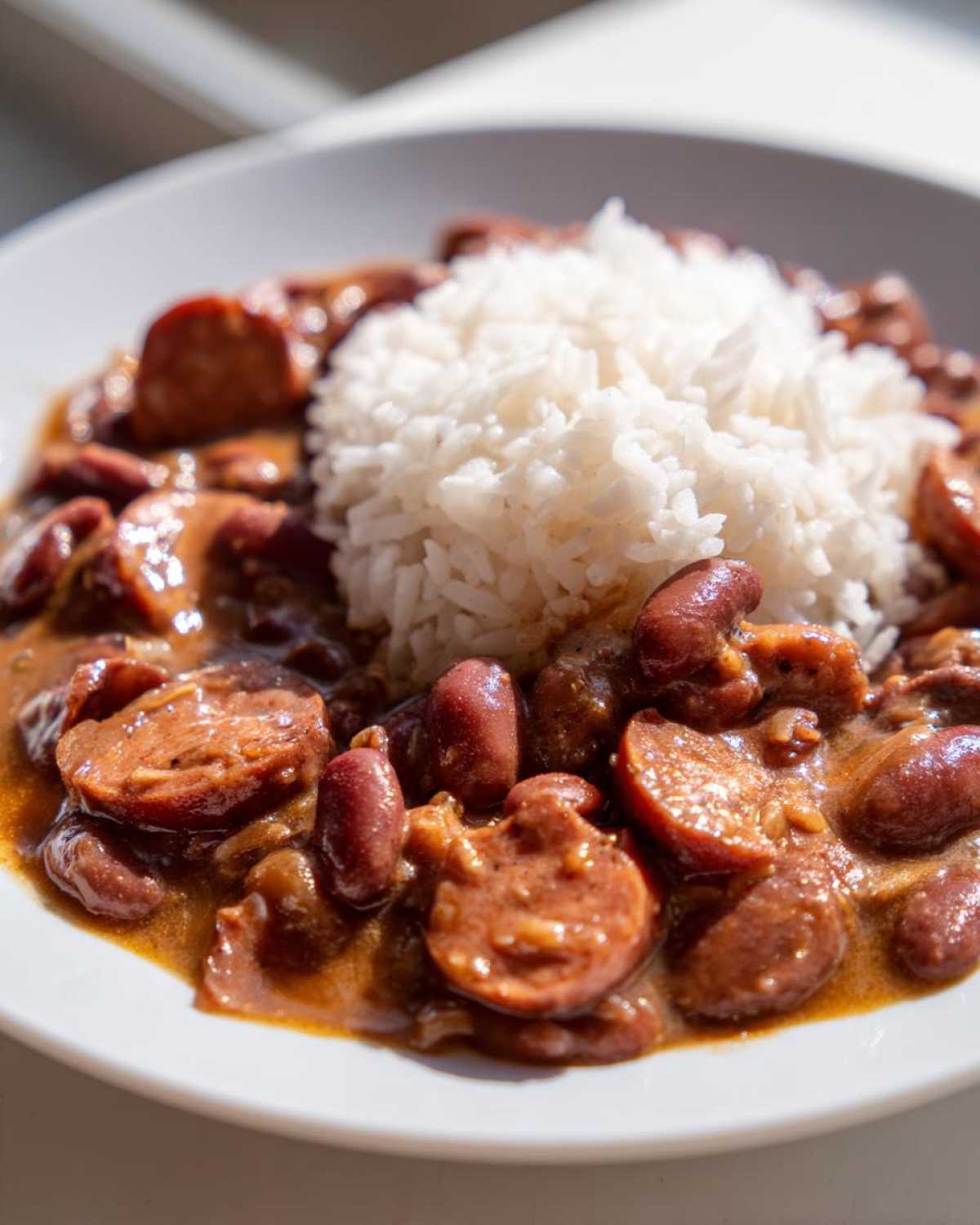 Close-up of a bowl featuring creamy beans and sliced sausage served next to a mound of white rice, highlighting the beans and rice dish.