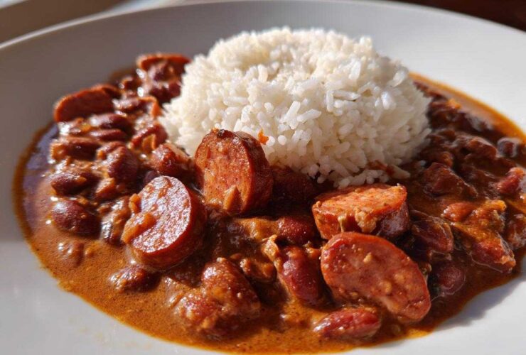 A close-up of rich, savory beans and rice served with slices of smoked sausage on a white plate.