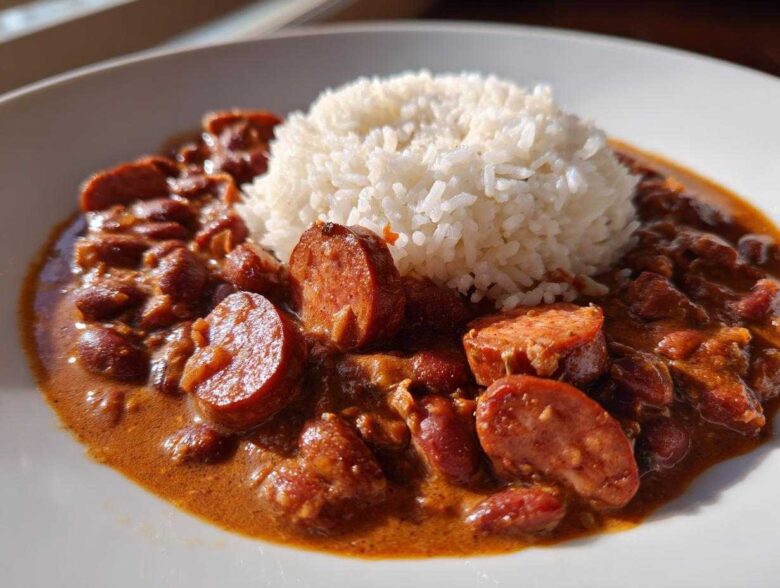 A close-up of rich, savory beans and rice served with slices of smoked sausage on a white plate.