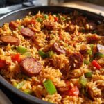 Close-up of flavorful one-pot sausage and rice cooked with green and red peppers in a dark skillet.