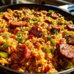 Close-up of a one-pot sausage and rice dish cooked with green peppers and spices in a black skillet.