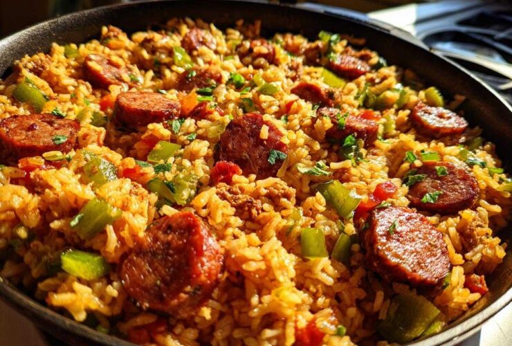 Close-up of a one-pot sausage and rice dish cooked with green peppers and spices in a black skillet.