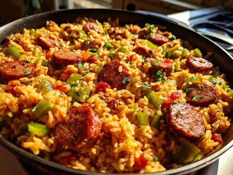 Close-up of a one-pot sausage and rice dish cooked with green peppers and spices in a black skillet.