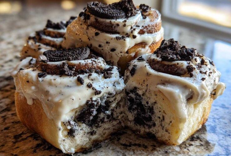A close-up shot of several gooey Oreo cinnamon rolls topped with thick white frosting and crushed Oreo pieces.