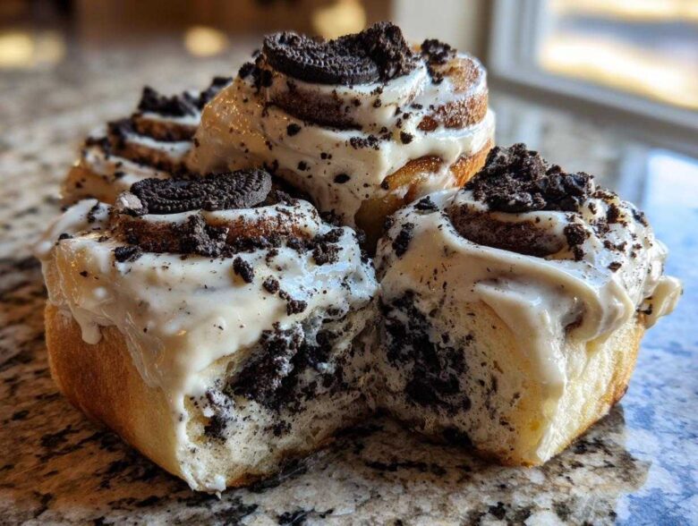 A close-up shot of several gooey Oreo cinnamon rolls topped with thick white frosting and crushed Oreo pieces.