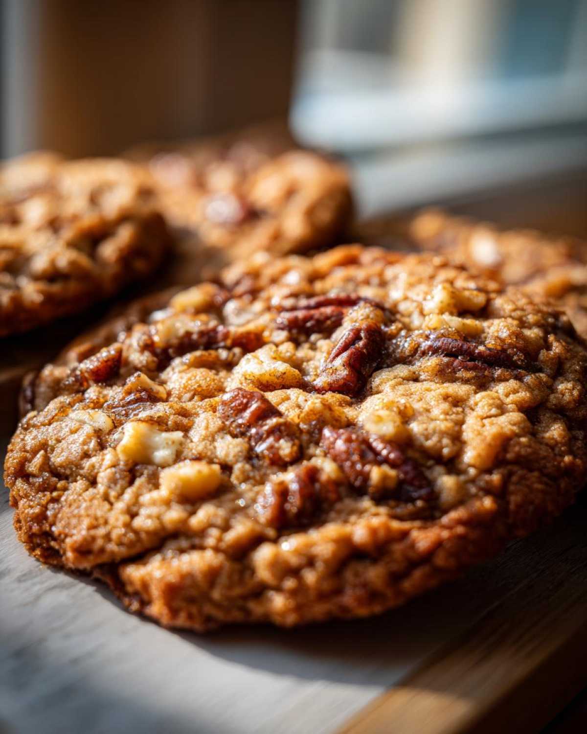 A close-up, golden-brown pecan pie cookie featuring visible pecan halves and a chewy texture, sitting on a wooden surface.