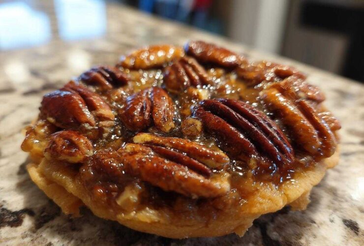 Close-up of a single, glossy pecan pie cookie topped with whole pecans and sticky caramel filling.
