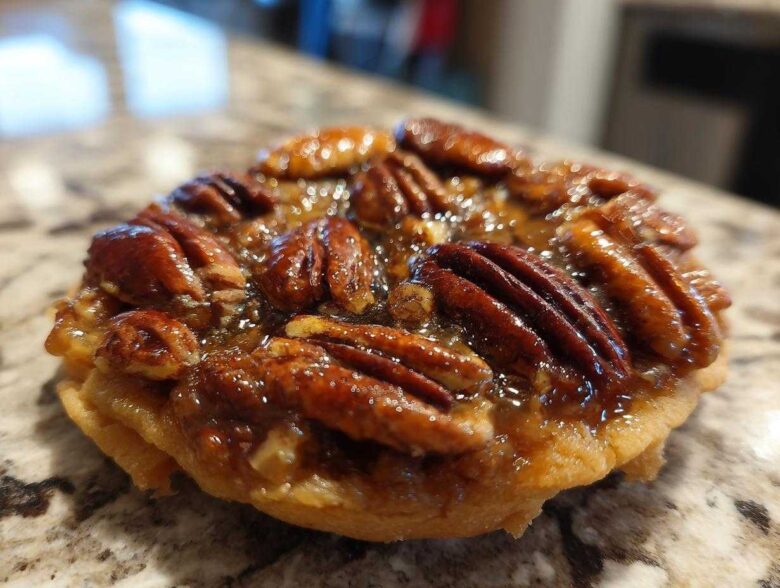 Close-up of a single, glossy pecan pie cookie topped with whole pecans and sticky caramel filling.