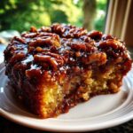 A moist slice of pecan upside down cake with a thick, glossy caramel topping and whole pecans.
