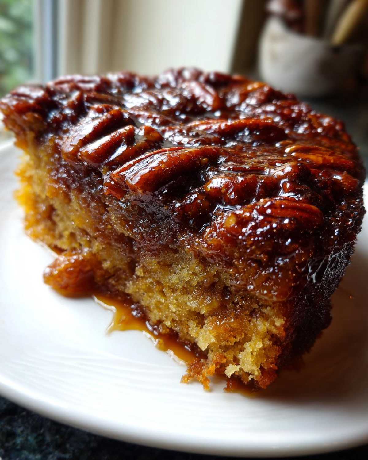 Close-up of a moist slice of pecan upside down cake with a thick, glossy, caramelized pecan topping.
