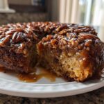 A slice cut from a rich, gooey pecan upside down cake, showing the sticky caramel topping and moist crumb.