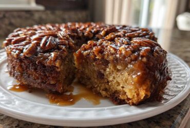 A slice cut from a rich, gooey pecan upside down cake, showing the sticky caramel topping and moist crumb.