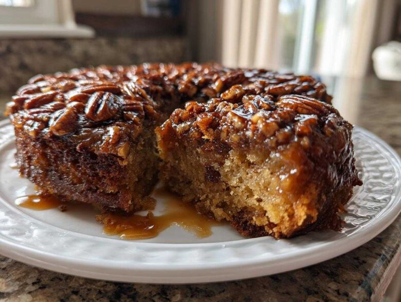 A slice cut from a rich, gooey pecan upside down cake, showing the sticky caramel topping and moist crumb.