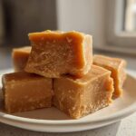 A stack of rich, brown squares of homemade penuche fudge resting on a small white plate.