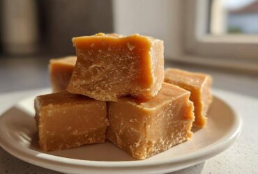 A stack of rich, brown squares of homemade penuche fudge resting on a small white plate.