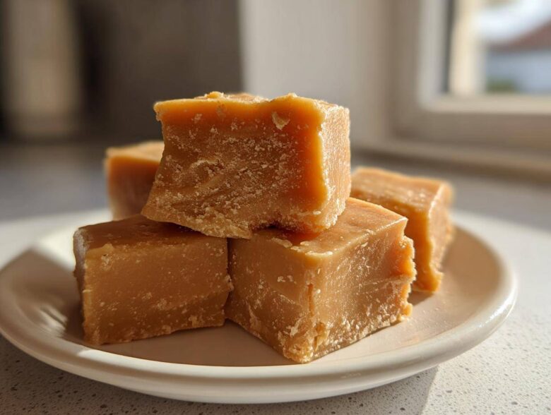 A stack of rich, brown squares of homemade penuche fudge resting on a small white plate.