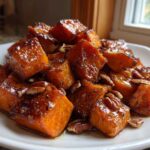Close-up of glossy, caramelized roasted sweet potatoes cubes topped with pecans on a white plate.