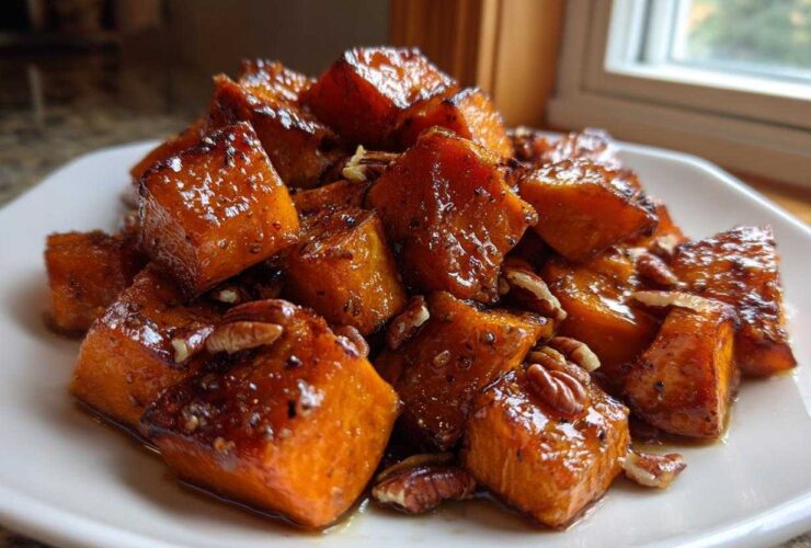 Close-up of glossy, caramelized roasted sweet potatoes cubes topped with pecans on a white plate.