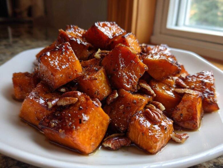 Close-up of glossy, caramelized roasted sweet potatoes cubes topped with pecans on a white plate.