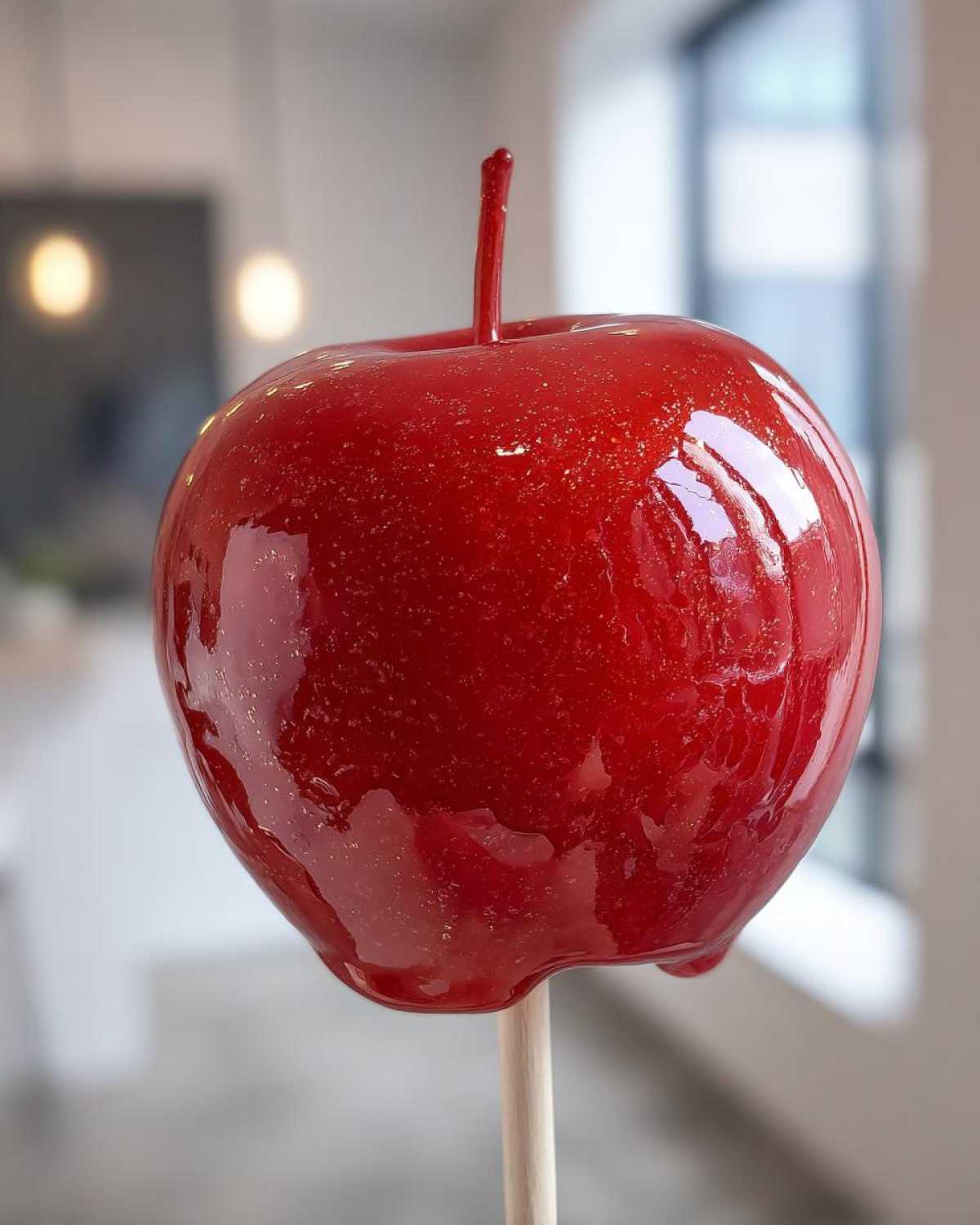 A close-up of a perfectly coated, glossy red candy apple on a wooden stick, showing a shimmering finish.