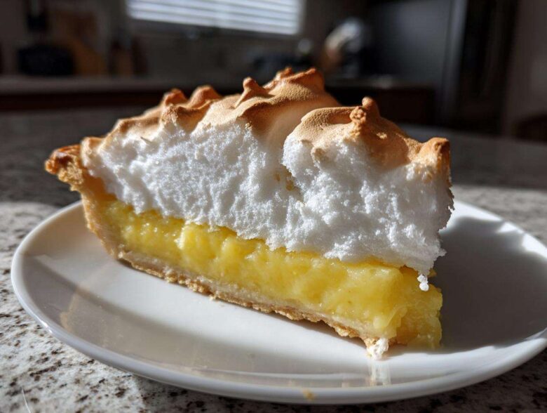 A tall slice of lemon meringue pie featuring a thick, toasted meringue topping over bright yellow lemon filling.