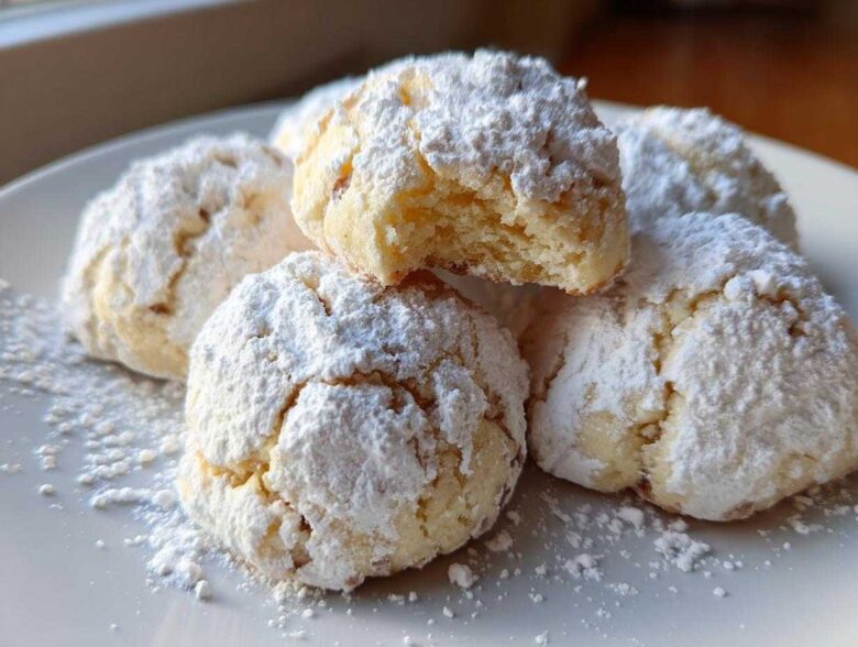 A close-up of several delicious Russian tea cakes heavily dusted with powdered sugar on a white plate.