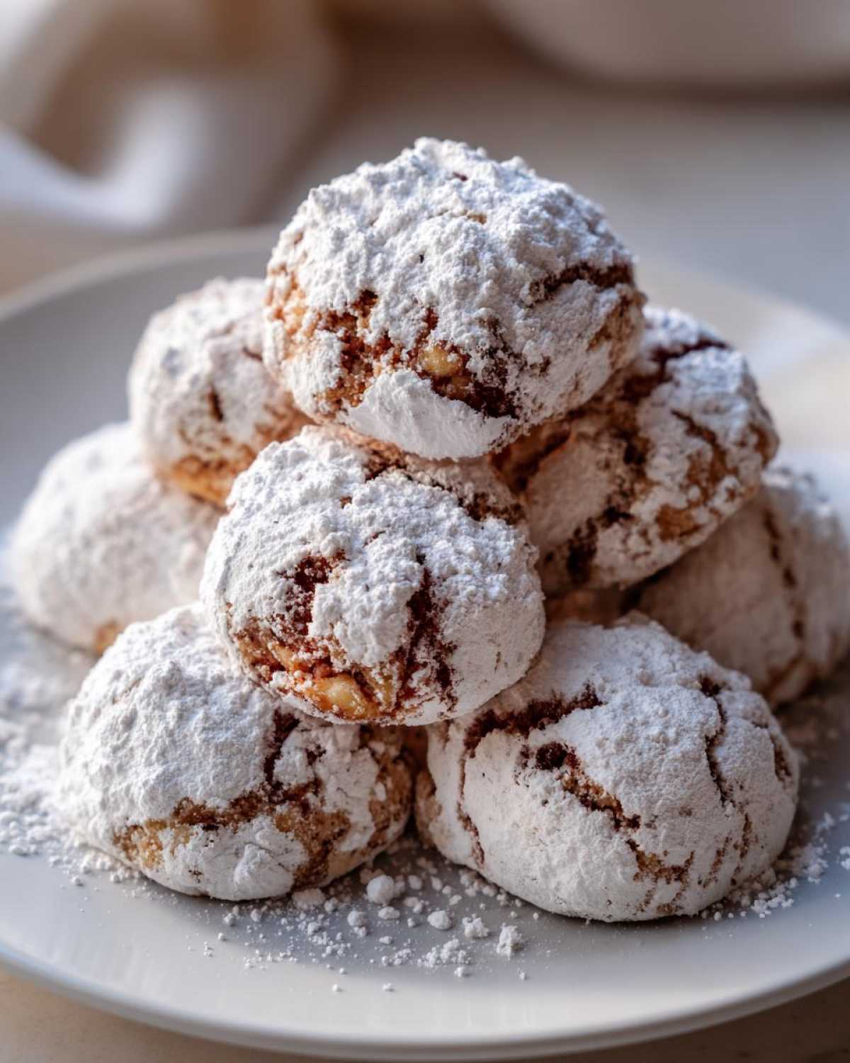 A close-up stack of freshly baked Russian tea cakes heavily dusted with powdered sugar on a white plate.