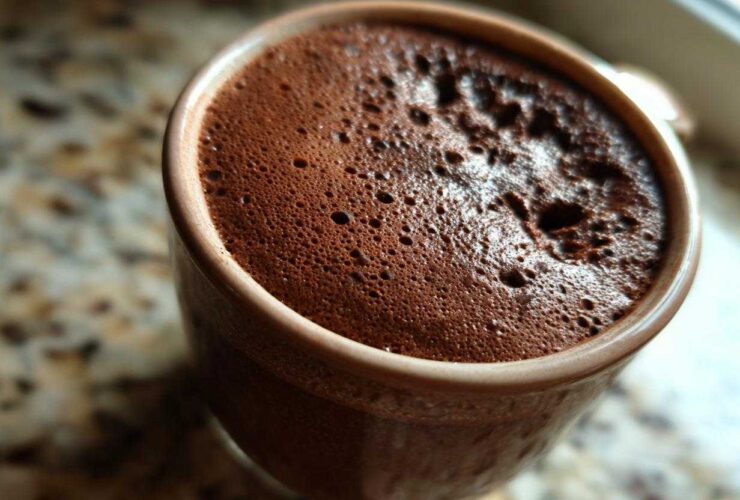 Close-up overhead view of rich, dark chocolate mousse with fine bubbles in a small brown cup.