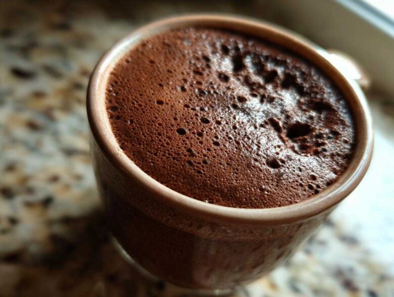 Close-up overhead view of rich, dark chocolate mousse with fine bubbles in a small brown cup.