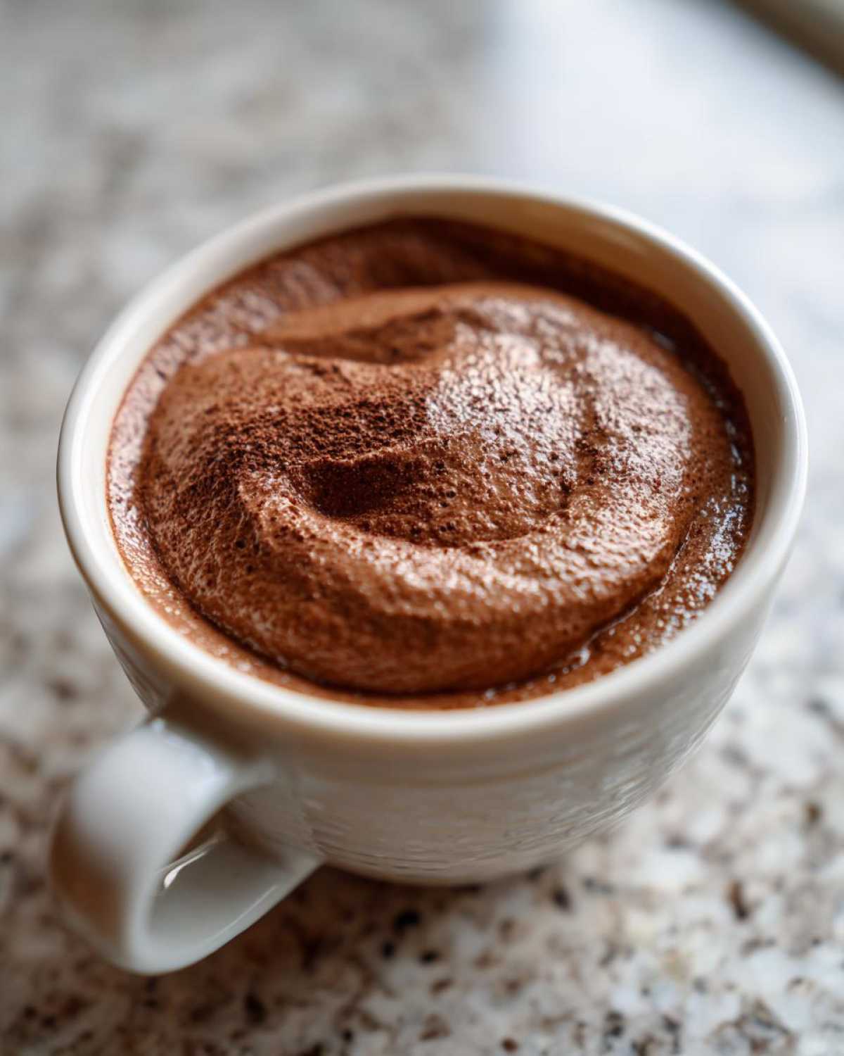 Close-up of rich, airy chocolate mousse dusted with cocoa powder in a white mug.