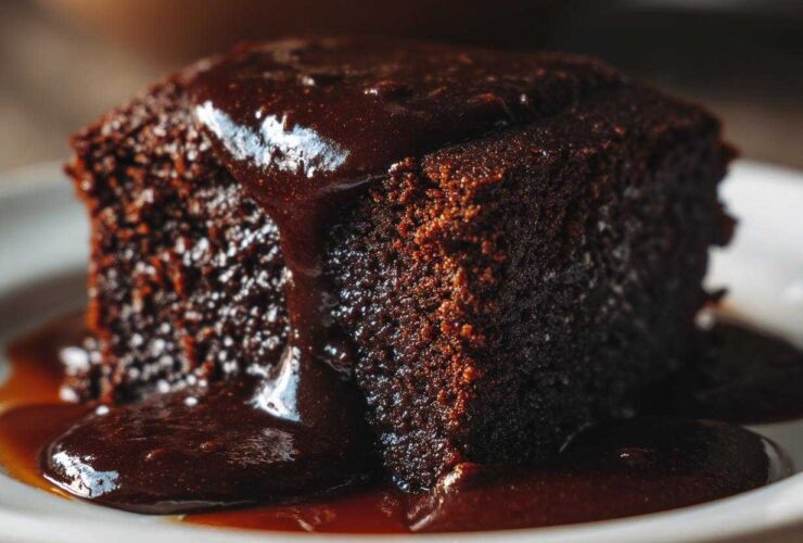 A close-up of a moist slice of chocolate pudding cake drenched in dark chocolate sauce.