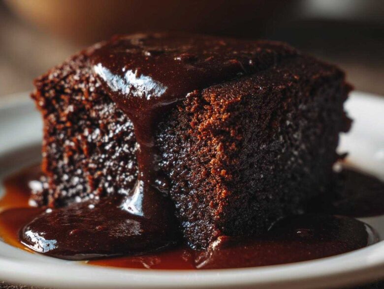 A close-up of a moist slice of chocolate pudding cake drenched in dark chocolate sauce.