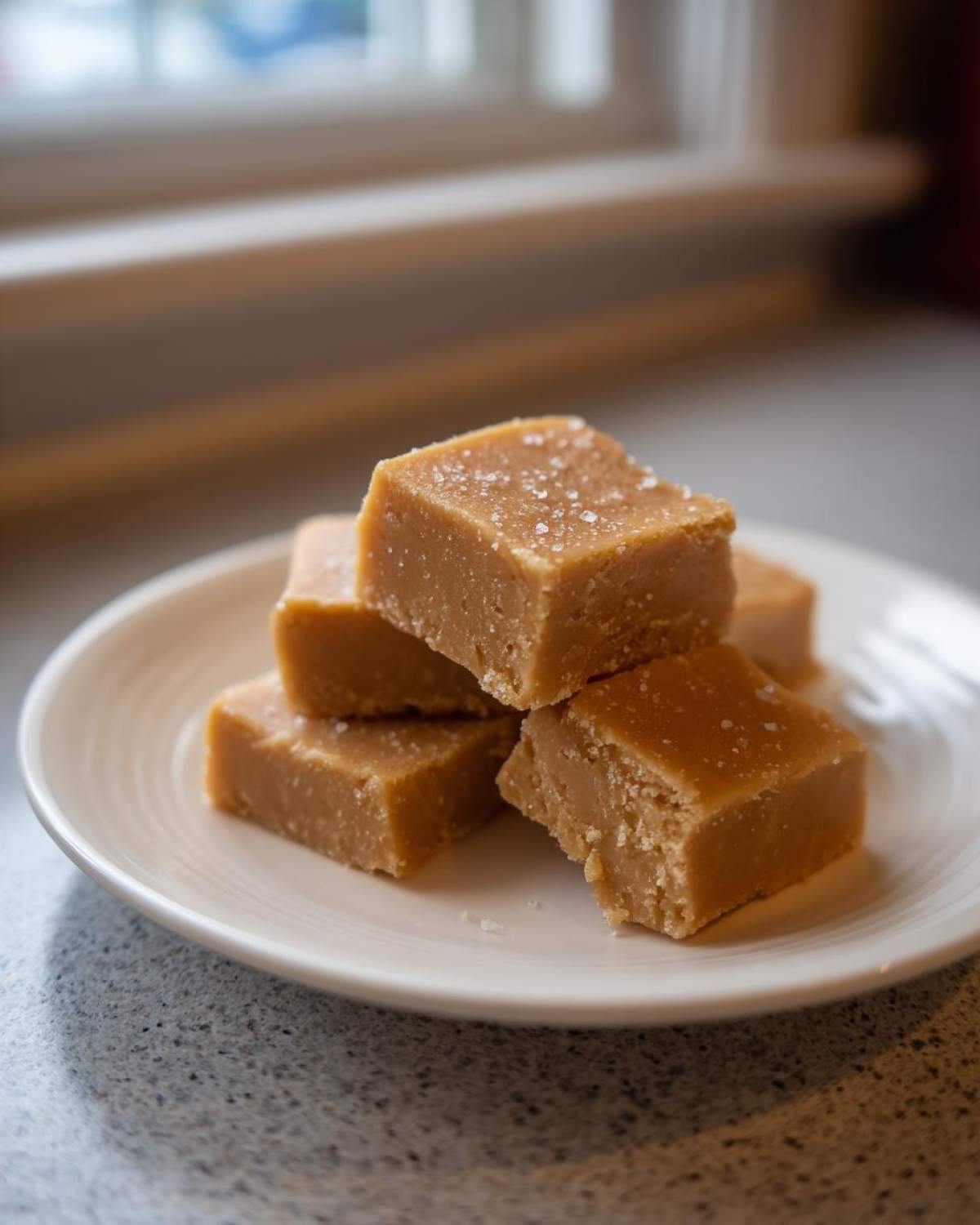 A stack of rich, brown penuche fudge squares sprinkled with sea salt on a white plate.