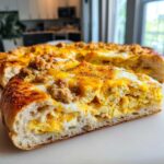 Close-up of a thick slice of sausage gravy breakfast pizza showing fluffy eggs, melted cheese, and crumbled sausage on a thick crust.
