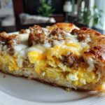 Close-up of a thick slice of sausage gravy breakfast pizza showing fluffy eggs, sausage crumbles, and melted cheese on a crust.
