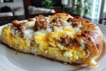 Close-up of a thick slice of sausage gravy breakfast pizza showing fluffy eggs, sausage crumbles, and melted cheese on a crust.