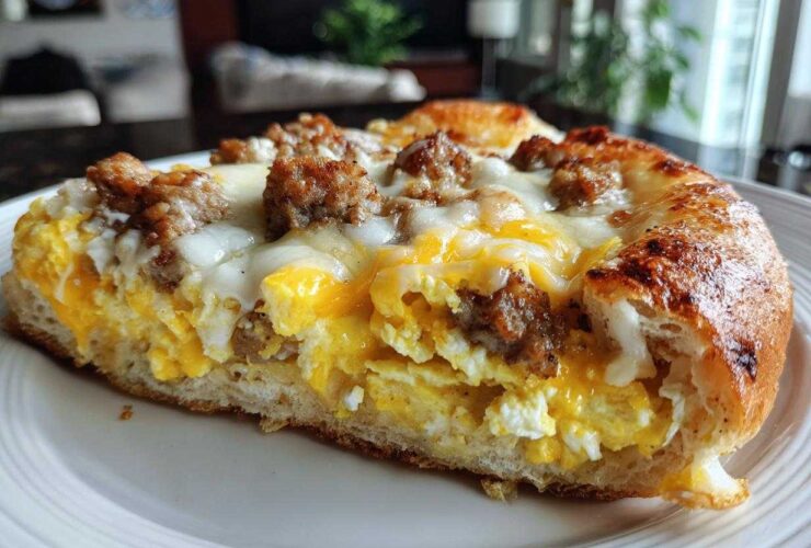 Close-up of a thick slice of sausage gravy breakfast pizza showing fluffy eggs, sausage crumbles, and melted cheese on a crust.