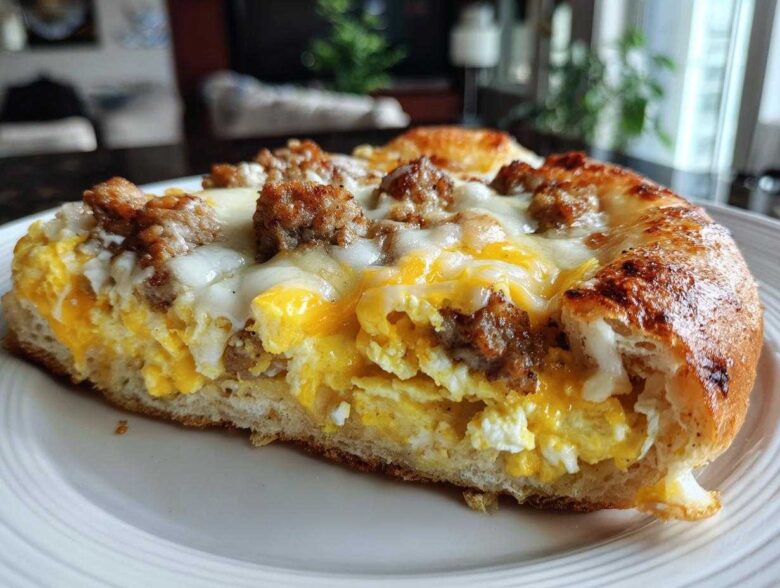 Close-up of a thick slice of sausage gravy breakfast pizza showing fluffy eggs, sausage crumbles, and melted cheese on a crust.