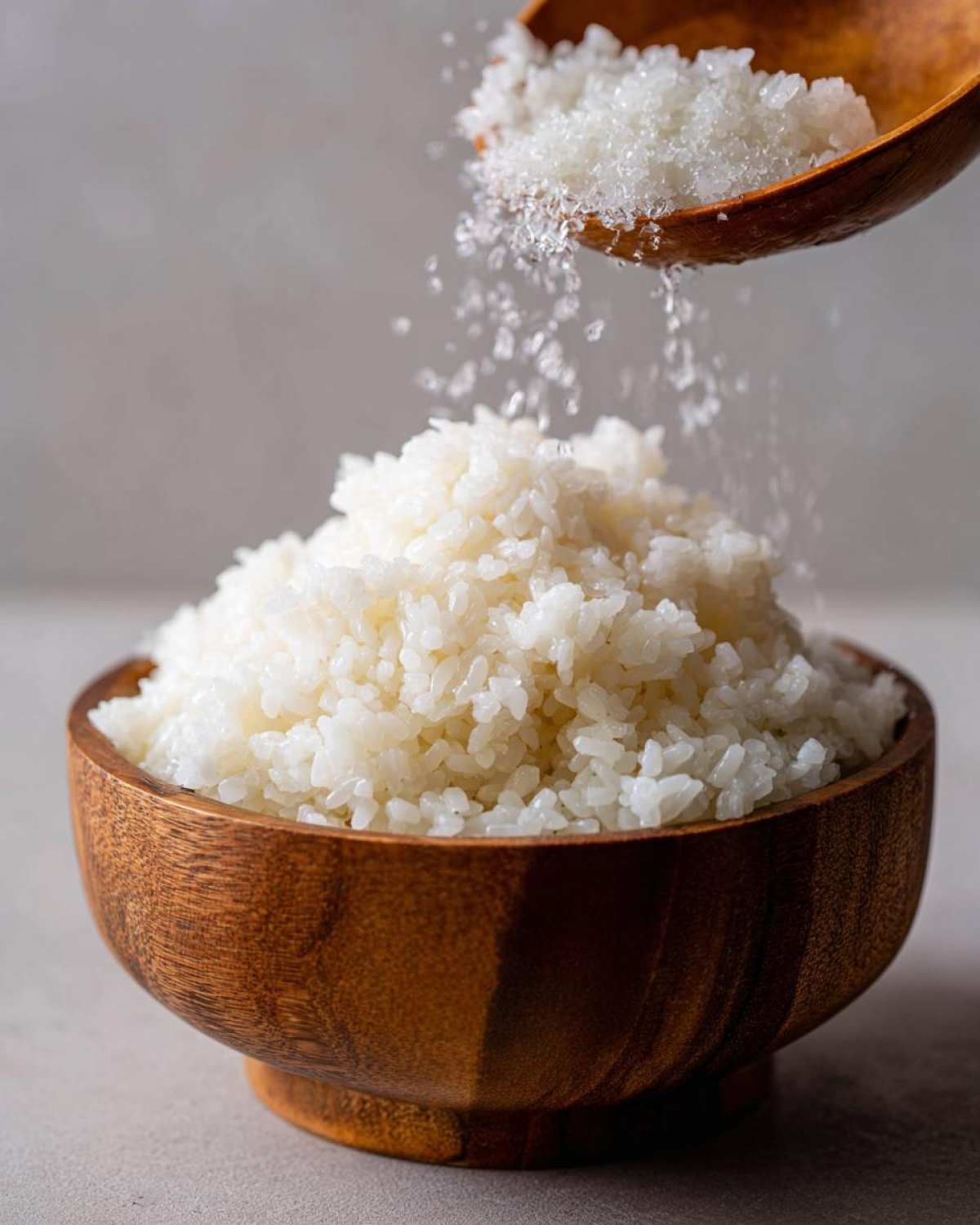 A wooden spoon sprinkles seasoning over a mound of perfectly cooked sushi rice in a dark wooden bowl.