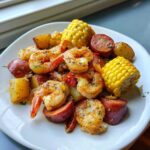 A close-up of a serving of sheet pan shrimp boil featuring seasoned shrimp, corn on the cob, potatoes, and sausage slices.