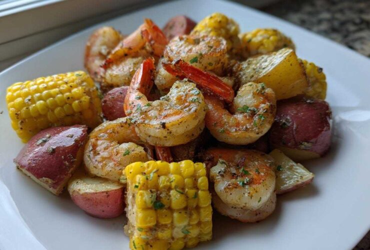 A close-up of a plated sheet pan shrimp boil featuring seasoned shrimp, corn on the cob pieces, and red potatoes.